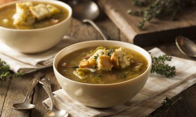 Bowl of homemade split pea soup in a bowl